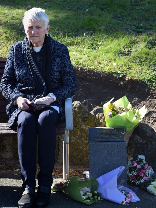 Linda’s mother Jean Priest at the plaque marking the spot on St Kilda foreshore where her daughter wen missing. Picture: Nicole Garmston