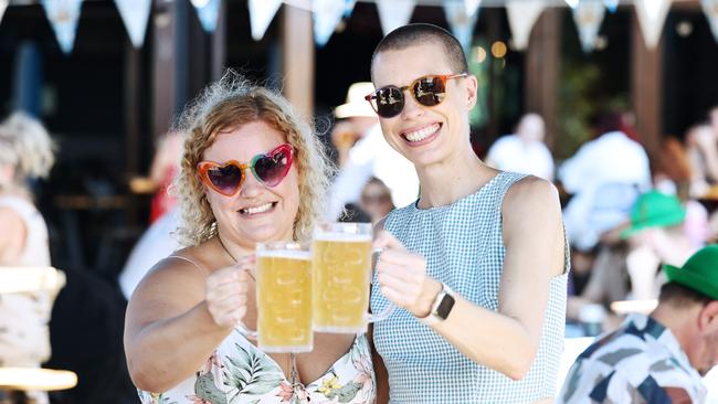 Karisa Whelan and Bec Ashley celebrate Oktoberfest at Hemmingway's Brewery. Picture: Brendan Radke
