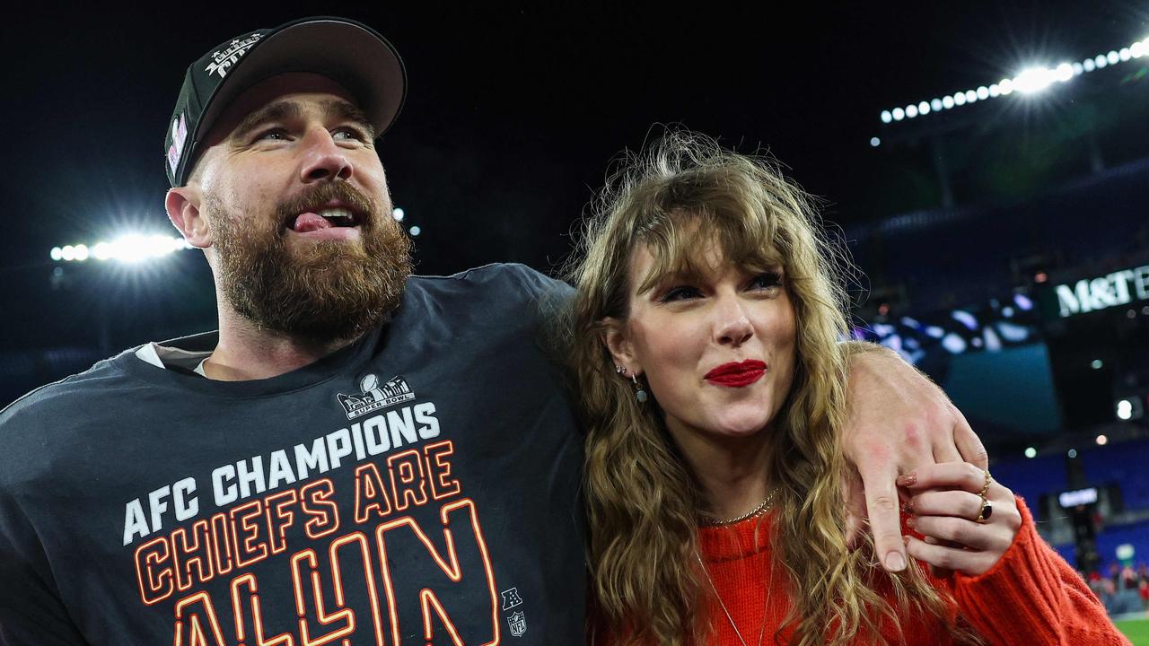 Travis Kelce celebrates with Taylor Swift after defeating the Baltimore Ravens in the AFC Championship Game at M & T Bank Stadium. Picture: Patrick Smith/Getty Images/AFP