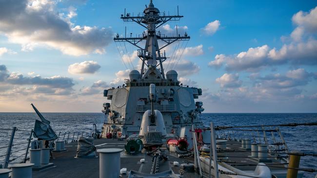 The guided-missile destroyer USS Barry conducting freedom of navigation operations in the South China Sea in April. Picture: AFP/ USN