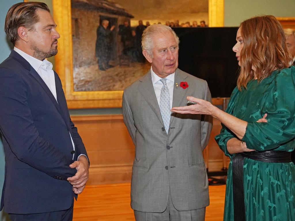 Prince Charles, Prince of Wales (c) speaks with Leonardo DiCaprio and Stella McCartney at the Kelvingrove Art Gallery and Museum during the Cop26 summit. Picture: Owen Humphreys-WPA Pool/Getty Images