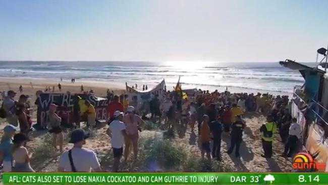 Protesters outside the set Picture: Channel 7