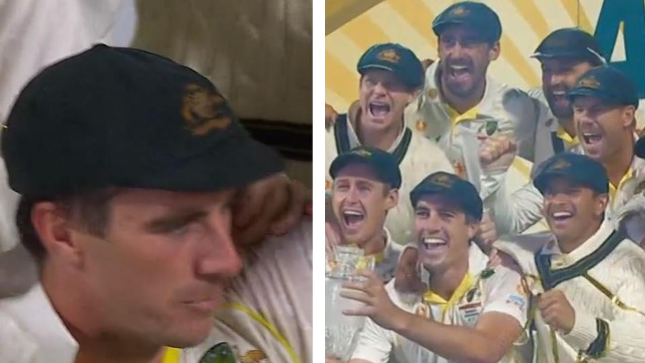 Pat Cummins briefly halted celebrations so that Usman Khawaja could join in on the fun. Picture: Fox Sports