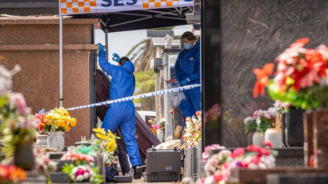 A coffin is propped up against a structure. Picture: Jason Edwards