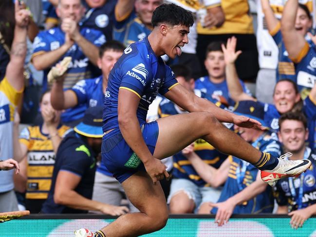 SYDNEY, AUSTRALIA - MARCH 24: Blaize Talagi of the Eels celebrates scoring a try during the round three NRL match between Parramatta Eels and Manly Sea Eagles at CommBank Stadium, on March 24, 2024, in Sydney, Australia. (Photo by Cameron Spencer/Getty Images)