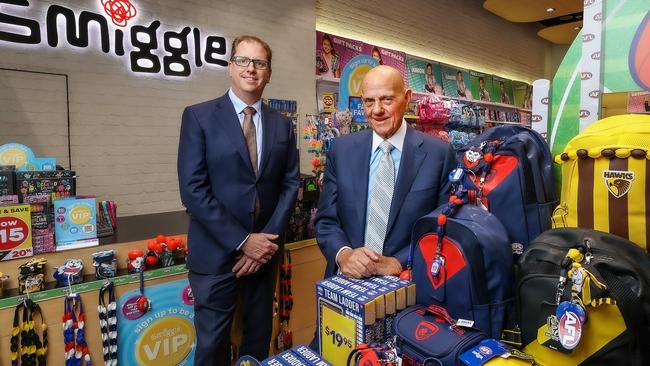 Premier Investments chairman Solomon Lew, right, and outgoing Premier Retail CEO Richard Murray, at the Melbourne Central Smiggle store. Picture: Ian Currie