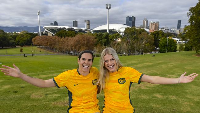 Lydia Williams and Charlie Grant of SA at Adelaide Oval ahead of next Friday’s historic match. Picture: RoyVPhotography