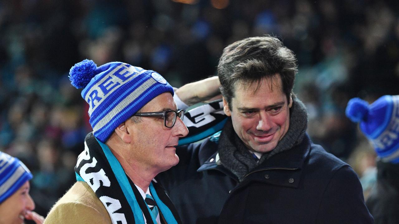 Port Adelaide president David Koch (left) and AFL CEO Gillon McLachlan (right). (AAP Image/David Mariuz)