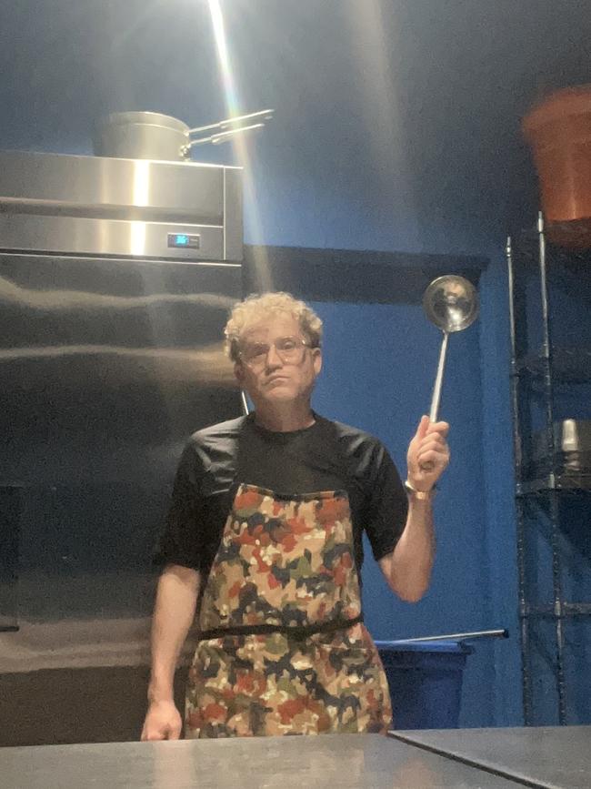 John Safran cooking pasta in Kanye's kitchen.