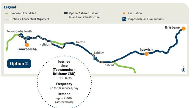 A map of the proposed Toowoomba passenger rail line.