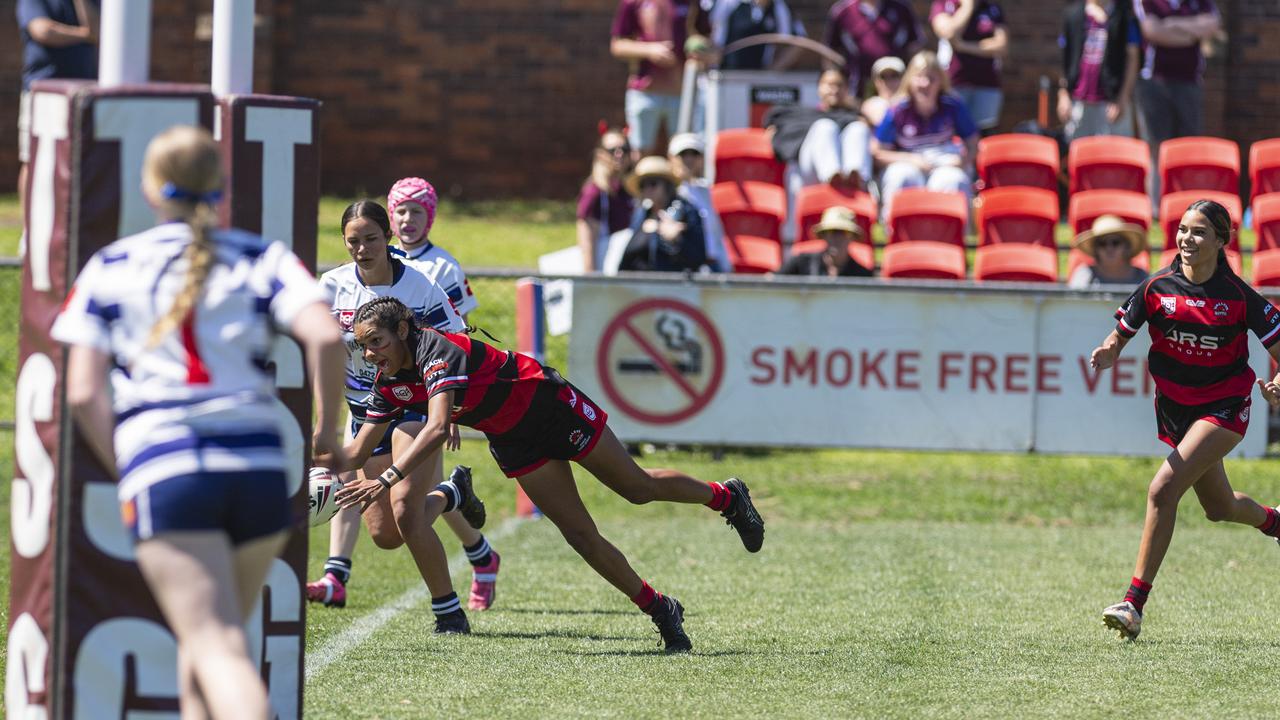 Sedeequa Clevin gets a try for Valleys against Brothers in U15 girls Toowoomba Junior Rugby League grand final at Toowoomba Sports Ground, Saturday, September 7, 2024. Picture: Kevin Farmer