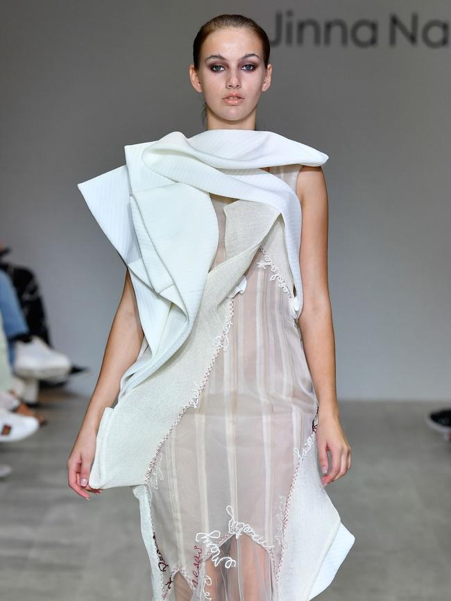 TAFE NSW Fashion Design Studio graduate George Habibeh's creations hit the runway at The Innovators show at Mercedes-Benz Fashion Week 2019. Picture: Stefan Gosatti/Getty Images