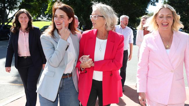 Election winners Ali France, Madonna Jarrett and Kara Cook at Pine Rivers Park on Sunday morning. Picture: Lachie Millard
