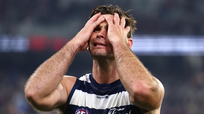 Geelong champion Tom Hawkins’ goalkicking has dried up with the first ever four-game goalless streak in his career. Picture: Quinn Rooney / Getty Images