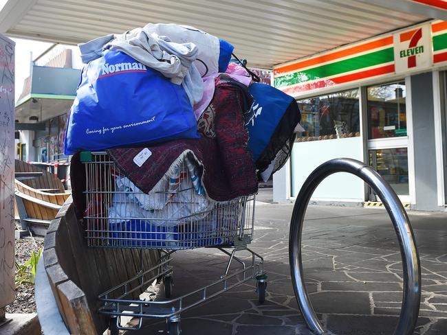 Traders, police and residents are still calling for the benches outside 7-Eleven on Fitzroy street, St Kilda, to be removed by the council as homeless people are congregating there and scaring people away. Picture: Josie Hayden