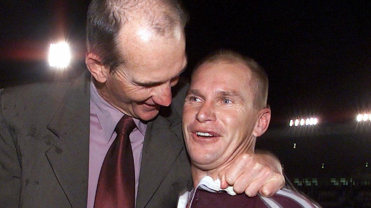 Maroons coach Wayne Bennett embraces Alfie Langer after the half-back’s 2001 masterclass.