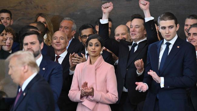 Tesla and SpaceX CEO Elon Musk cheers as US President Donald Trump speaks after being sworn in. Picture: AFP