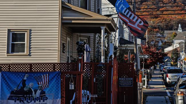 Pro-Trump flags on a home in Pen Argyl, Pennsylvania, on November 2. Picture: AFP