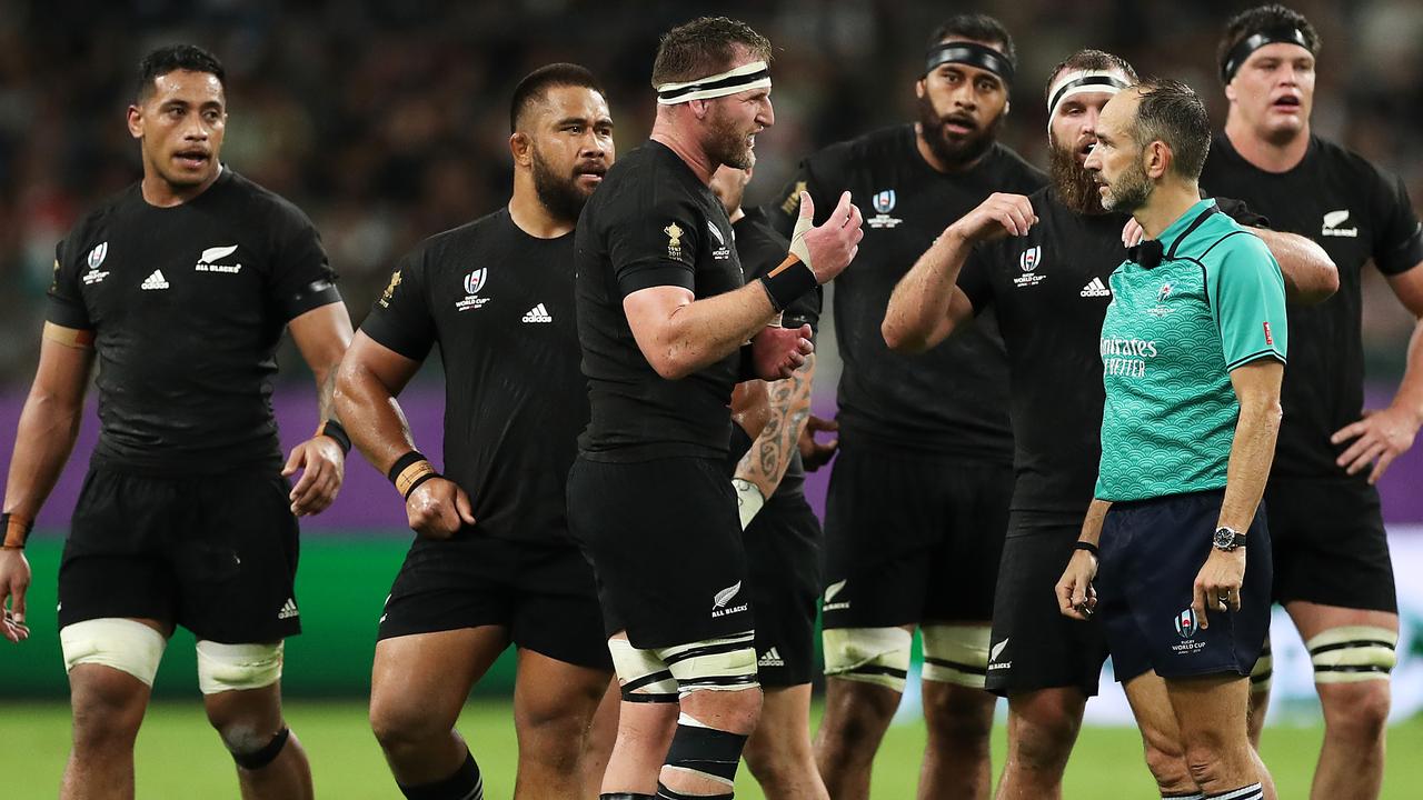 Kieran Read of New Zealand appeals to referee Romain Poite during the Rugby World Cup game between New Zealand and Canada