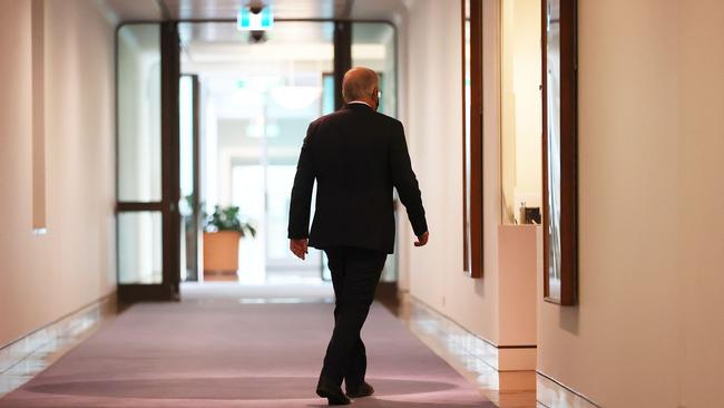 Scott Morrison in Parliament House after speaking with Joe Biden and Boris Johnson to announce the AUKUS alliance on Thursday morning. Picture: Gary Ramage