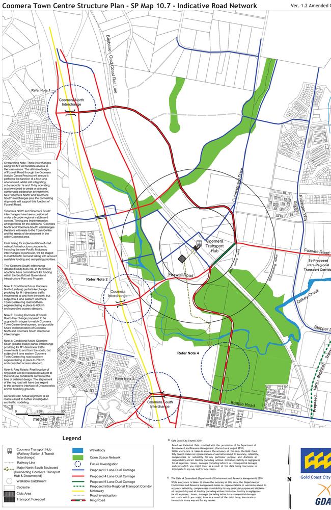 A Gold Coast Council document from 2010 showing proposed new M1 overpasses to the north and south of Exit 54 in Coomera which would be linked by a proposed ring road.