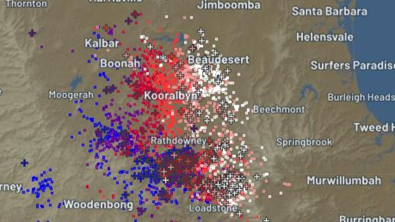 Lightning strikes produced by severe storms that impacted Logan and the Gold Coast on Monday morning. Picture: Weatherzone