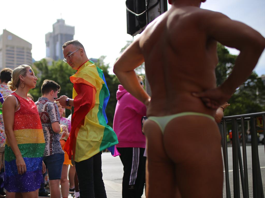 A cheeky look at the street before the parade. Picture: Steven Saphore/AAP