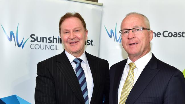 Former Sunshine Coast Council chief executive Michael Whittaker shakes hands with Mayor Mark Jamieson after his appointment to a five-year term in 2015.