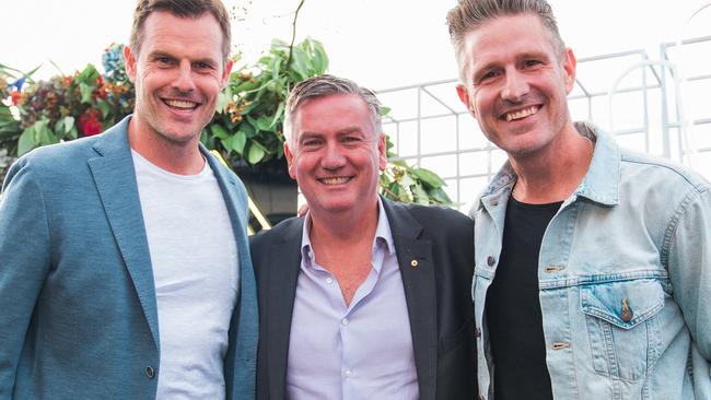 Triple M Hot Breakfast hosts Luke Darcy, Eddie McGuire and Wil Anderson. Picture: Matt Nikolic/Supplied