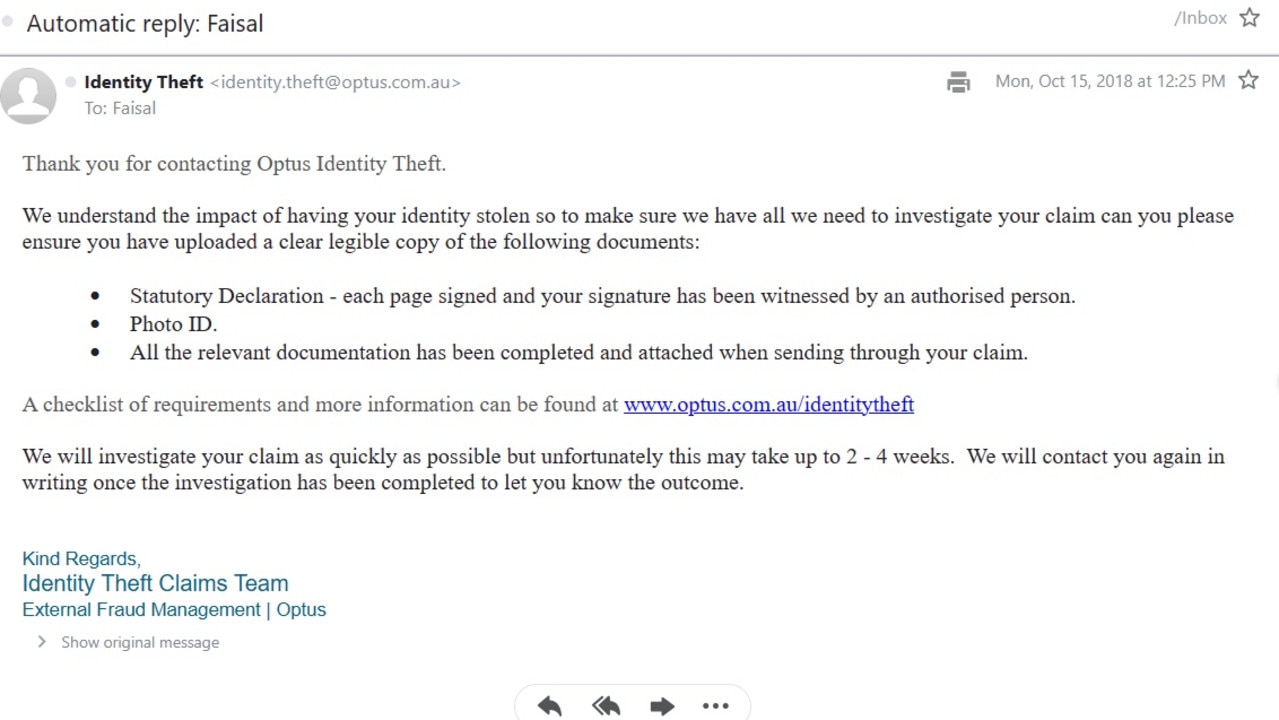 Faisal sent all these documents to Optus, as requested, to prove his identity had been stolen.
