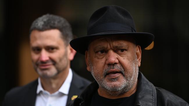 Aboriginal Affairs minister Kyam Maher and Indigenous leader Noel Pearson held a press conference on the Voice referendum at Adelaide Railway Station. Picture: NCA NewsWire / Naomi Jellicoe