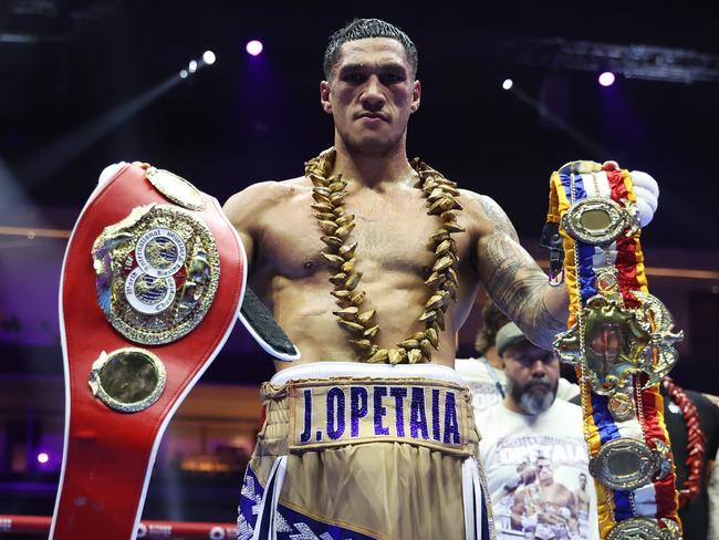 RIYADH, SAUDI ARABIA - OCTOBER 12: Jai Opetaia poses for a photo with his belts following victory during the IBF World Cruiserweight title fight between Jai Opetaia and Jack Massey as part of the Riyadh Season - IV Crown Showdown card at Kingdom Arena on October 12, 2024 in Riyadh. (Photo by Richard Pelham/Getty Images)