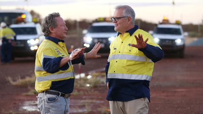 Fortescue Metals Group chairman Andrew Forrest hosts Scott Morrison at the Christmas Creek mine site in the Pilbara last Thursday. Picture: Justin Benson-Cooper