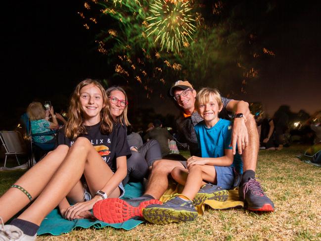 Paquier Laurent, Pauline, Mathilde 11, and Maël 8, from Lyon, France, celebrate New Year’s Eve in Adelaide. Picture: Ben Clark,