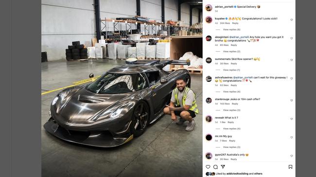 Australian entrepreneur Adrian Portelli has taken delivery of a Koenigsegg Jesko supercar. Picture: Instagram