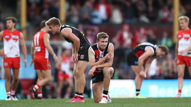 Saints Sebastian Ross and Dougal Howard after the final siren. Picture: Cameron Spencer/Getty Images