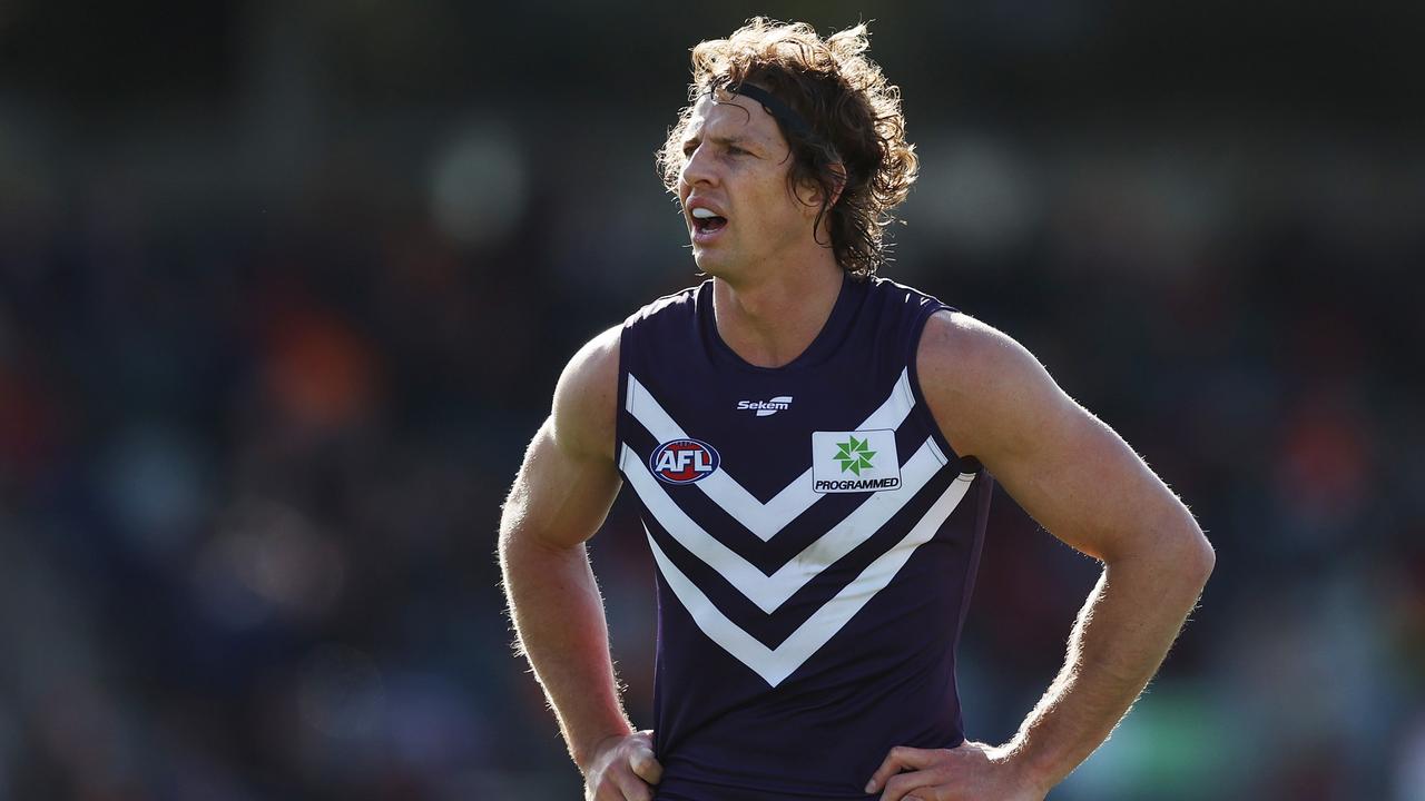 CANBERRA, AUSTRALIA - AUGUST 20: Nat Fyfe of the Dockers looks on during the round 23 AFL match between the Greater Western Sydney Giants and the Fremantle Dockers at Manuka Oval on August 20, 2022 in Canberra, Australia. (Photo by Mark Metcalfe/AFL Photos/via Getty Images)