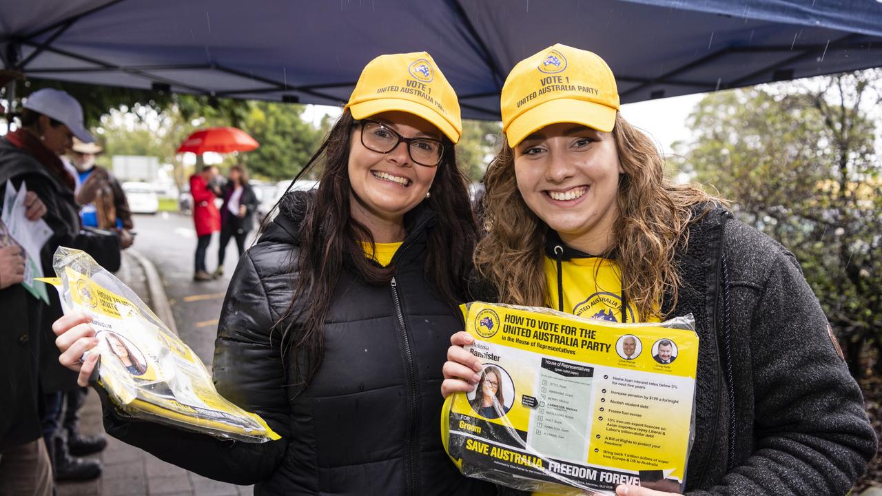 United Australia Party candidate for Groom Melissa Bannister with supporter Cat Evans at the Centenary Heights State High School polling booth, Saturday, May 21, 2022. Picture: Kevin Farmer