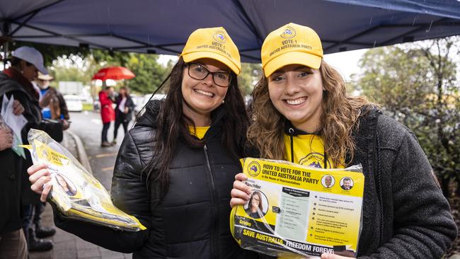 United Australia Party candidate for Groom Melissa Bannister with supporter Cat Evans at the Centenary Heights State High School polling booth, Saturday, May 21, 2022. Picture: Kevin Farmer