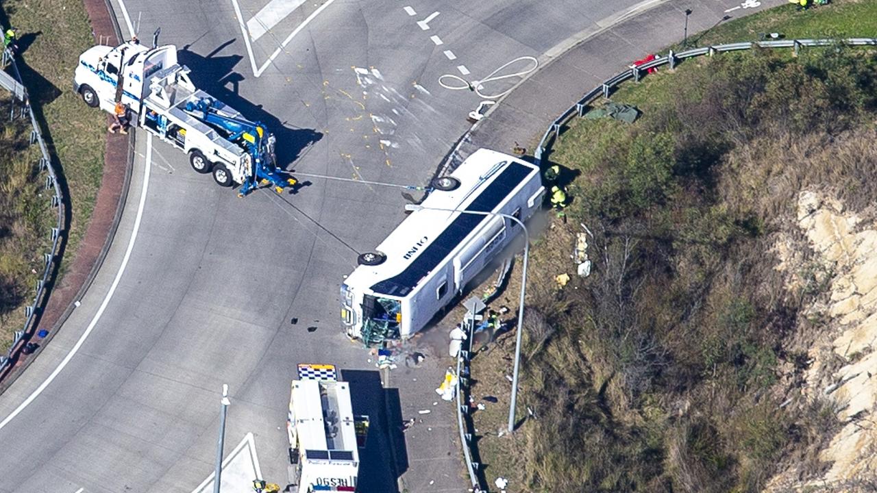 The bus crashed at a roundabout at Greta in the NSW Hunter Valley. Picture: NCA NewsWire / Christian Gilles.