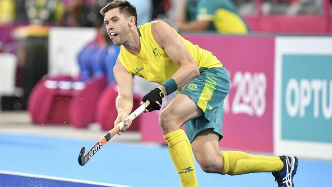 Australia’s Edward Ockenden passes the ball during the 2018 Commonwealth Games hockey match against New Zealand. Picture: Nigel Owen/Action Plus via Getty Images