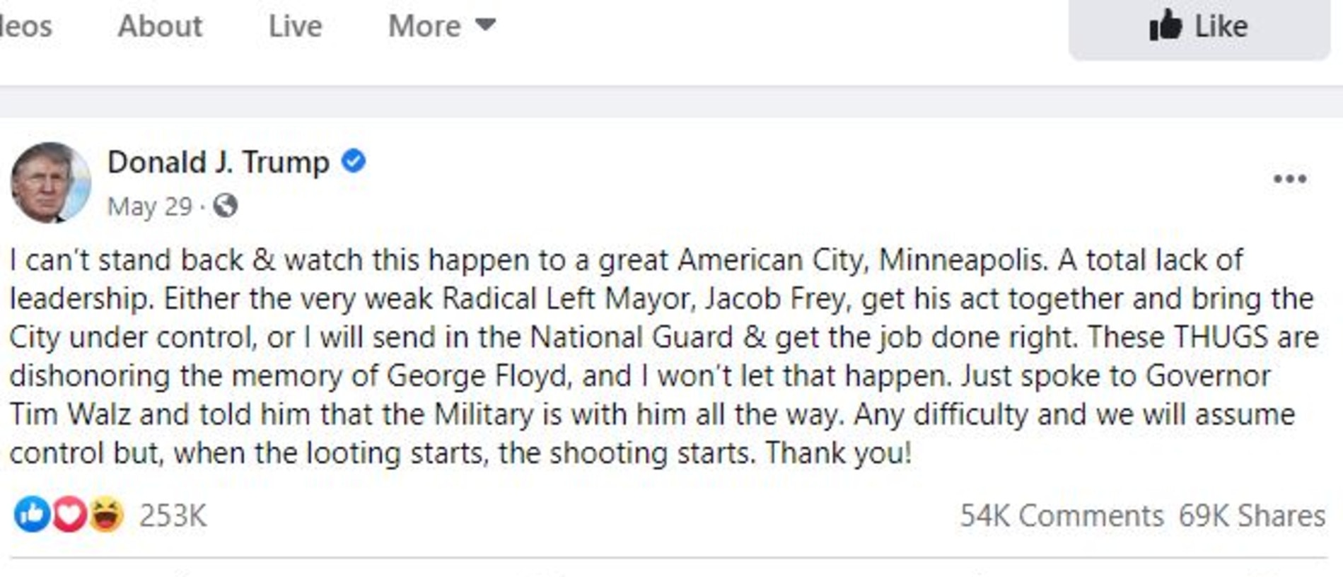 Donald Trump status "when the looting starts the shooting starts".