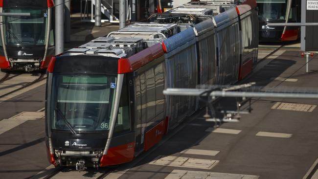 Halted trams at Lilyfield light rail maintenance depot on Monday. Picture: Justin Lloyd.