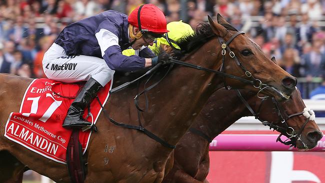 Kerrin McEvoy drives Almandin to the line in a thrilling finish with Heartbreak City. Picture: Ian Currie