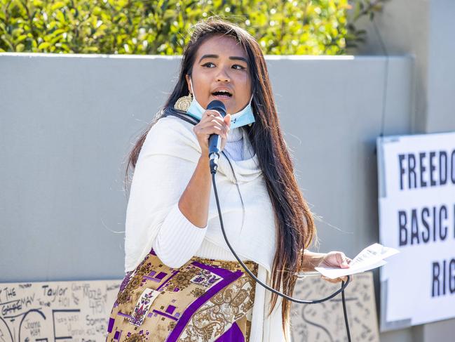 Protest organiser Dane de Leon at refugee protest at Central Hotel and Apartments, Kangaroo Point, Sunday, July 19, 2020 – Picture: Richard Walker