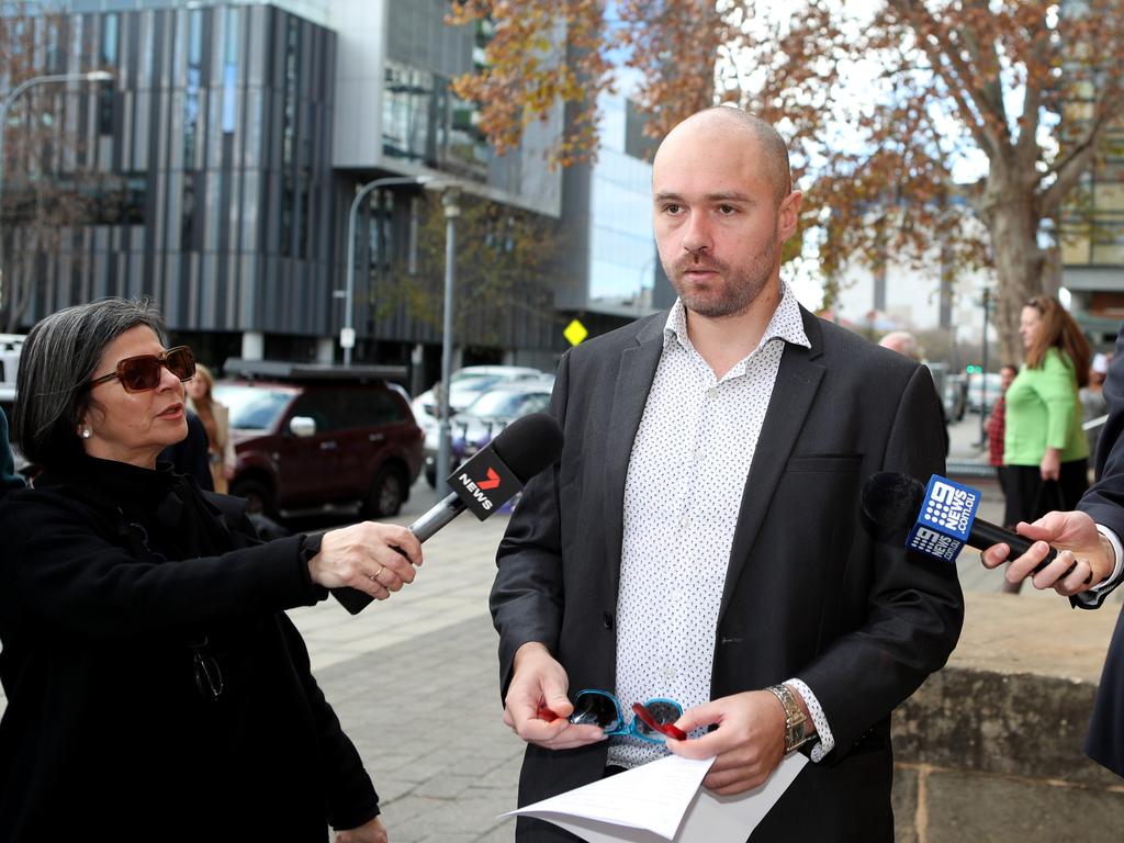 Bennett Russell Maynard-Brown was questioned by reporters as he left the Adelaide Magistrates Court. Picture: Kelly Barnes / NCA NewsWire