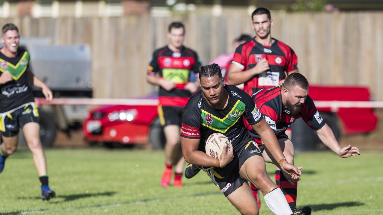 Liam Clark goes over for a Helensvale try against Valleys in pre-season trial rugby league at Herb Steinohrt Oval, Saturday, March 13, 2021. Picture: Kevin Farmer