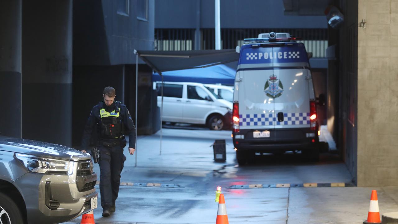 Police and homicide detectives remained at the scene on Sunday. Picture: NewsWire / David Crosling