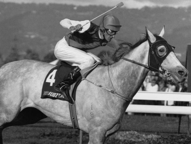 Subzero, ridden by jockey Greg Hall, wins the 1992 Adelaide Cup at Morphettville.