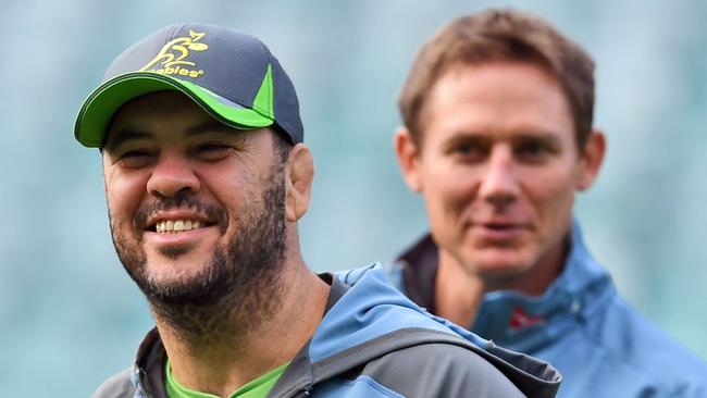 Michael Cheika is keen for his assistant Stephen Larkham (right) to take over as Wallabies coach.